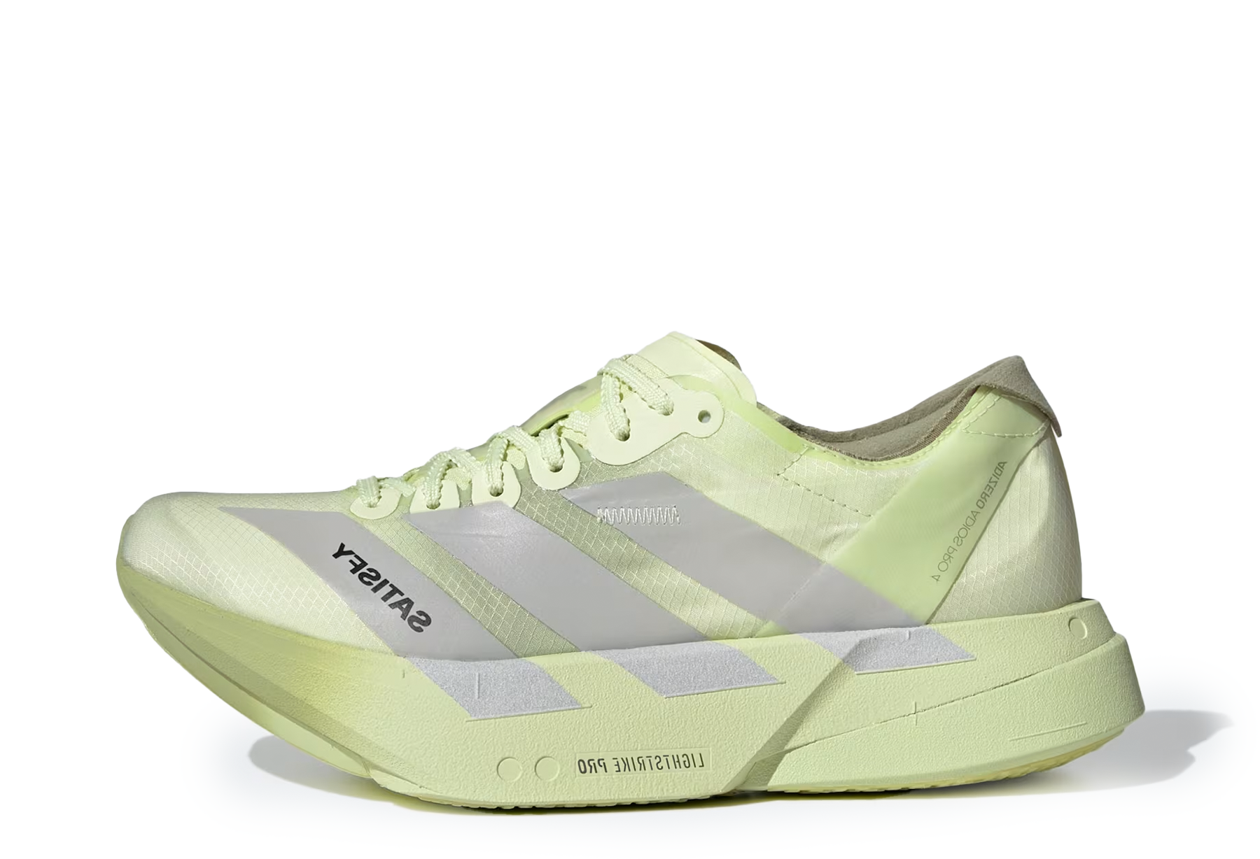 Adidas x Satisfy Adios Pro 4 'Green' (2026) Tent Green / Matte Silver / Magic Lime sneaker – authenticated on KLEKT