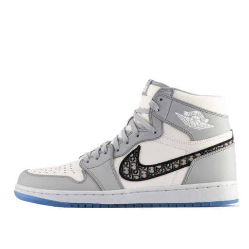 Dior x Air Jordan 1 High in grey and white with Dior Oblique Swoosh