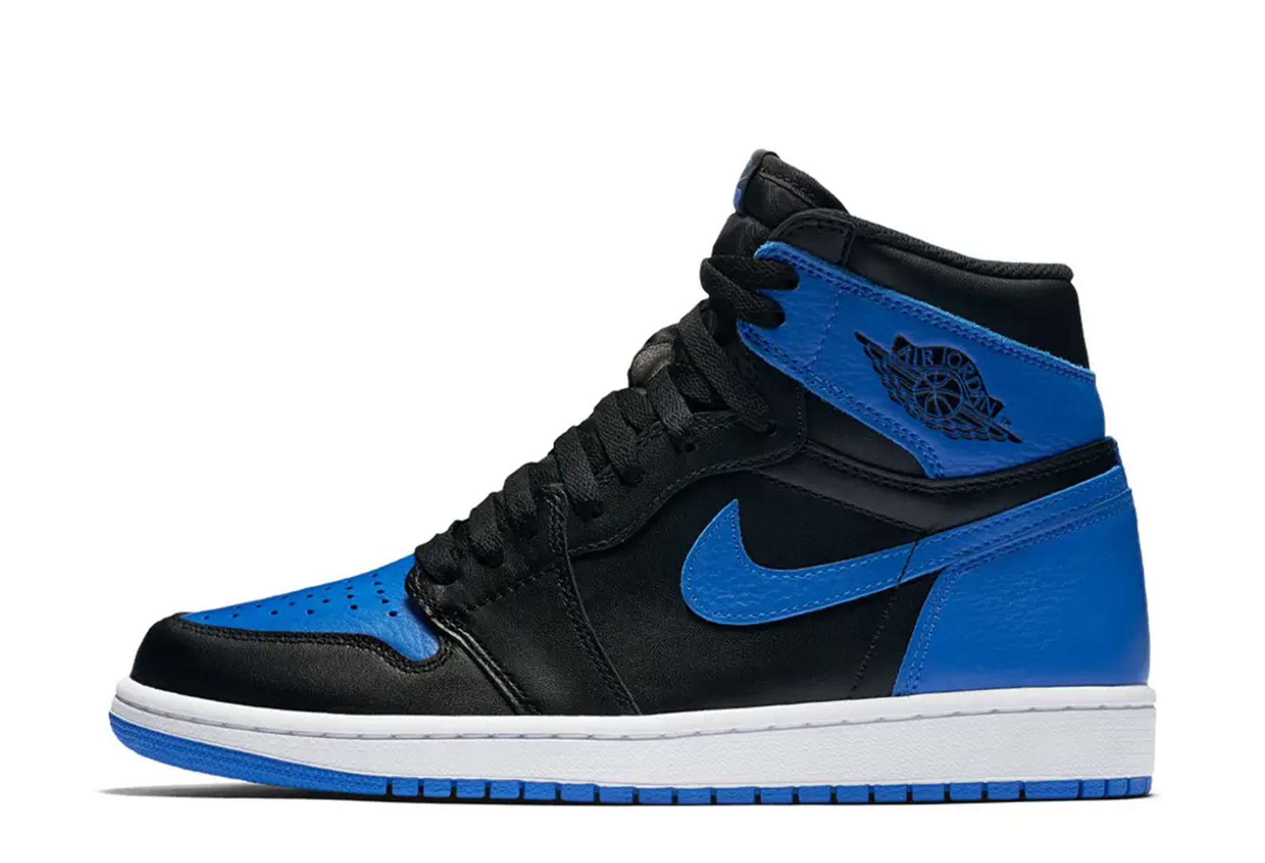 Air Jordan 1 Retro 'Royal' 2026 in black leather with textured Game Royal overlays
