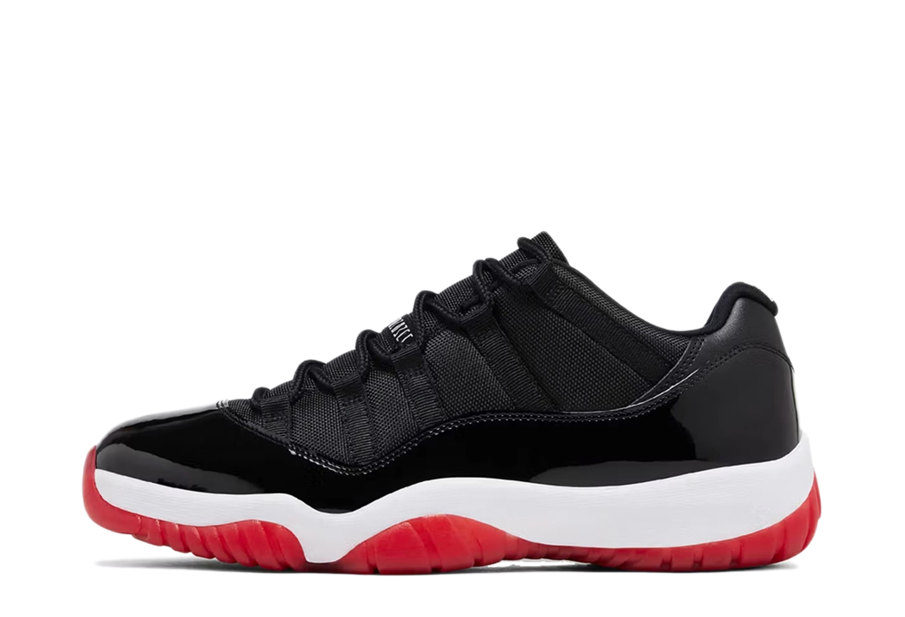 Air Jordan 11 Low 'Bred' (2025) Black/Red/White sneaker – authenticated on KLEKT