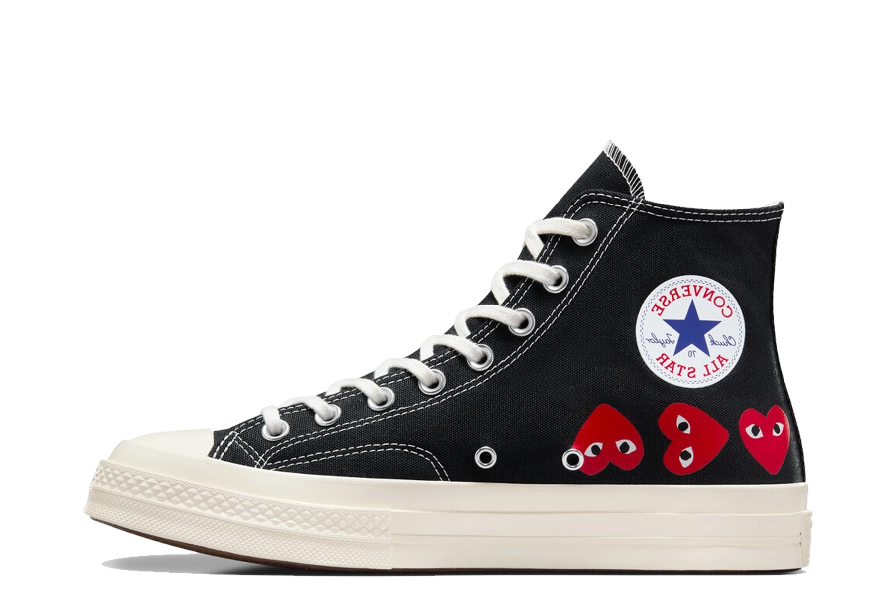 Converse x Comme des Garçons PLAY Chuck 70 Hi 'Black Multi Heart' (2023) Black/High Risk Red/Egret sneaker – authenticated on KLEKT