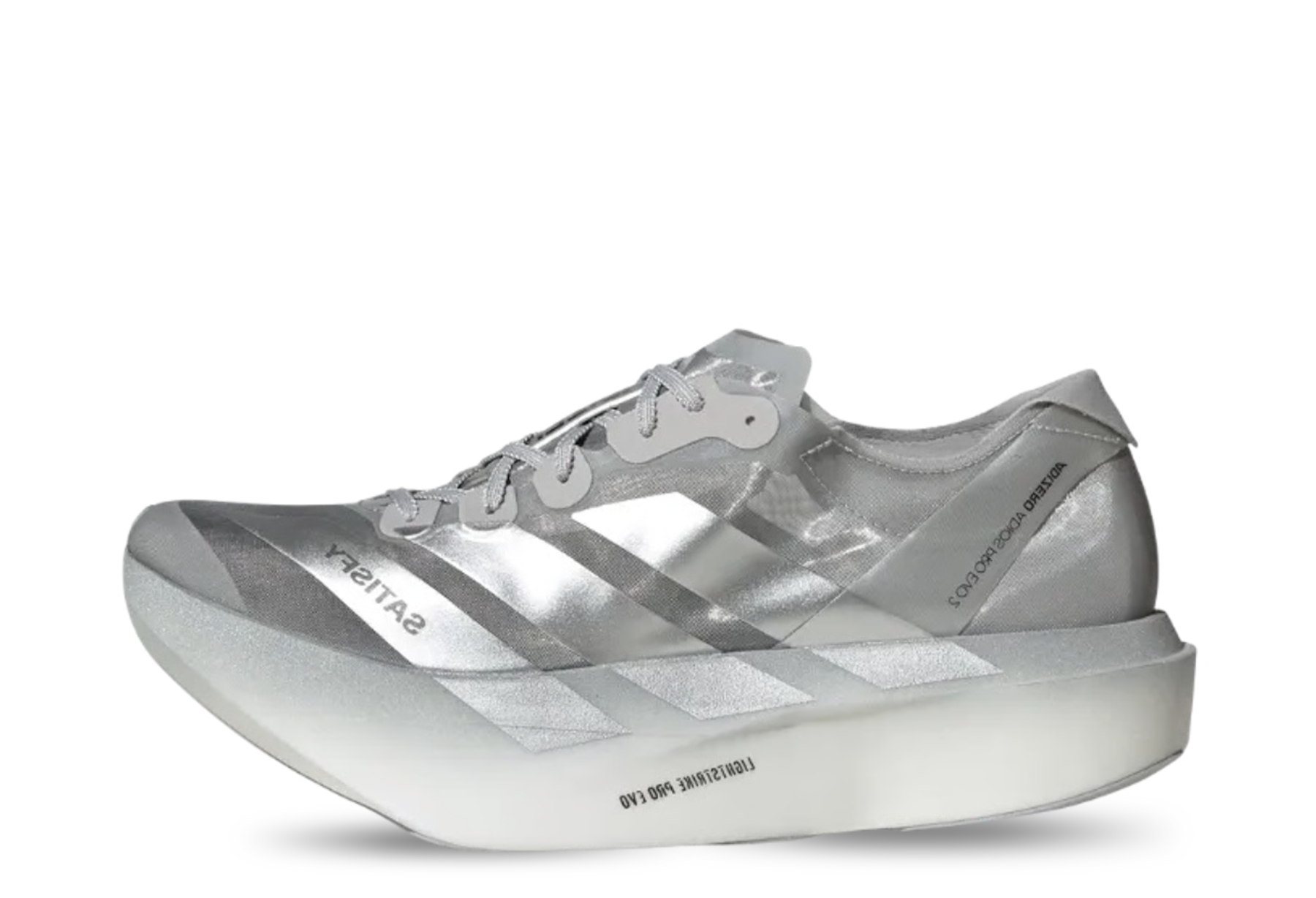 Adidas x Satisfy Adizero Adios Pro Evo 2 'Silver Metallic' (2026) Silver Metallic/Silver Metallic/Gray Two sneaker – authenticated on KLEKT