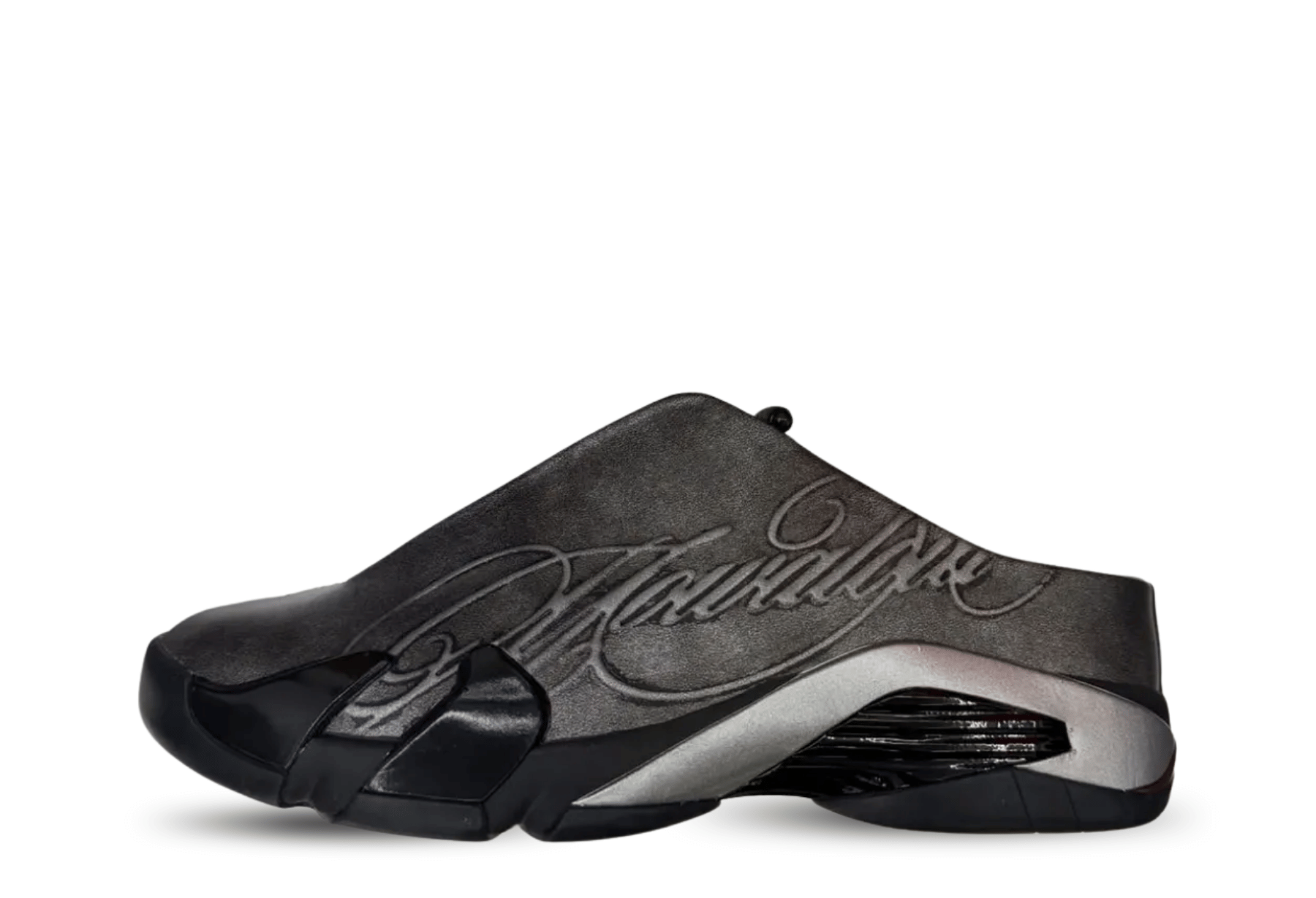 Air Jordan x Mowalola 14 Mule (2026) Black/Metallic Silver-Burnt Red sneaker – authenticated on KLEKT