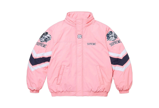 Supreme x Mithcell & Ness NCAA Hooded Stadium Jacket 'Pink' (FW24) – authenticated on KLEKT