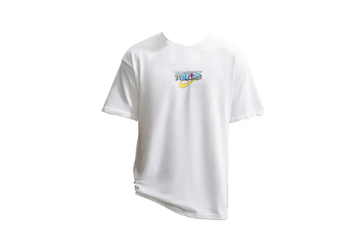 White Nike x One Piece T-shirt with Luffy's hand-drawn Jolly Roger and red Swoosh