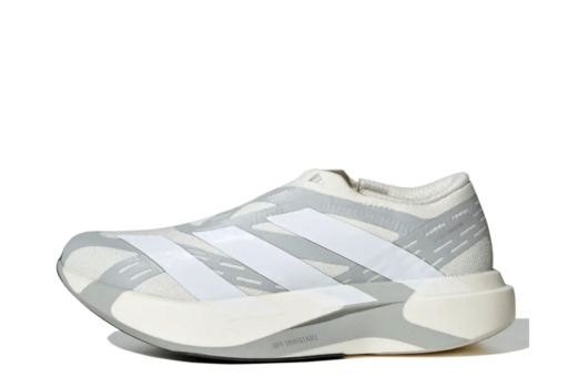 adidas Adizero Evo SL Laceless in white and grey with silver overlays and no lacing