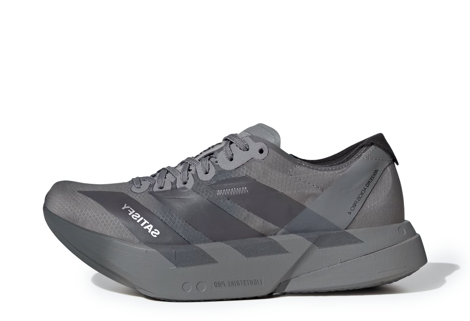 Adidas x Satisfy Adios Pro 4 'Grey' (2026) Core Black / Grey Five / Grey Three sneaker – authenticated on KLEKT