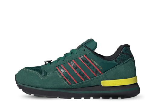 adidas x Pok&eacute;mon ZX 500 'Rayquaza' in green, red and yellow with alternating lace dubraes